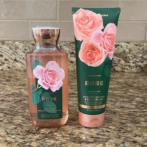 Bath & Body Works Rose Body Wash and Cream Set - Pink and Green